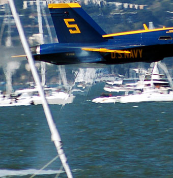 Close-up of a Blue Angel making a sneak pass through the San Francisco Bay at only 20 feet above the water