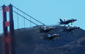 The Blue Angels cruise through the Golden Gate bridge to wow the Bay crowds