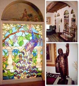 Shown here is amber stained glass, Wolfman Jack statue, and interior library of Villa Del Rio